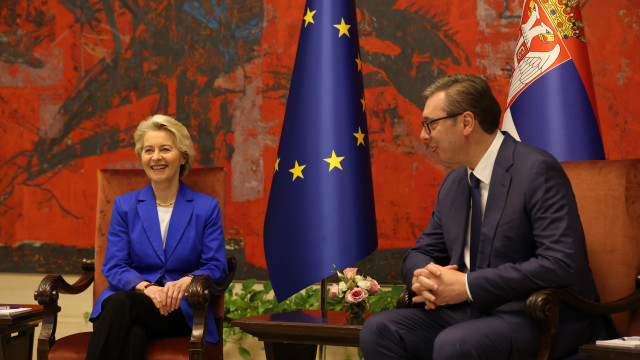 Serbian President Aleksandar Vucic speaks with the President of the European Commission Ursula von der Leyen during their meeting in Belgrade, Serbia, 31 October 2023